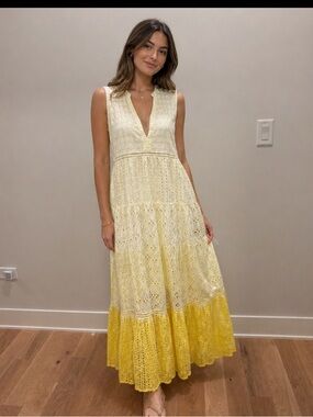 Miss June Sleeveless Yellow Ombre Eyelet crochet Maxi Dress